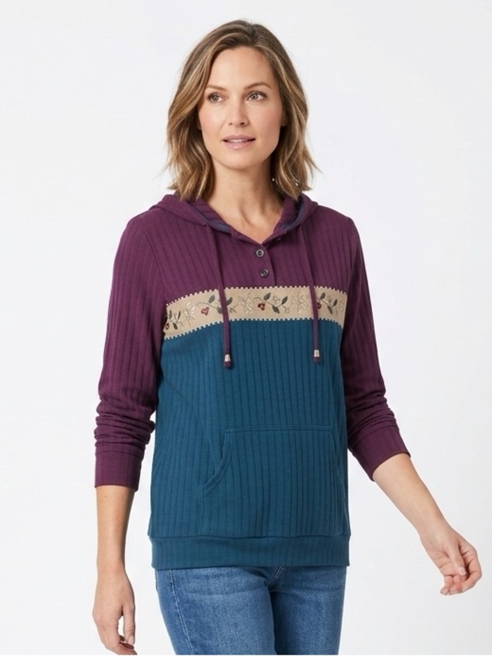 ALFRED DUNNER L/S Hoodie Hooded Top Purple Blue Tan M Medium lcsr